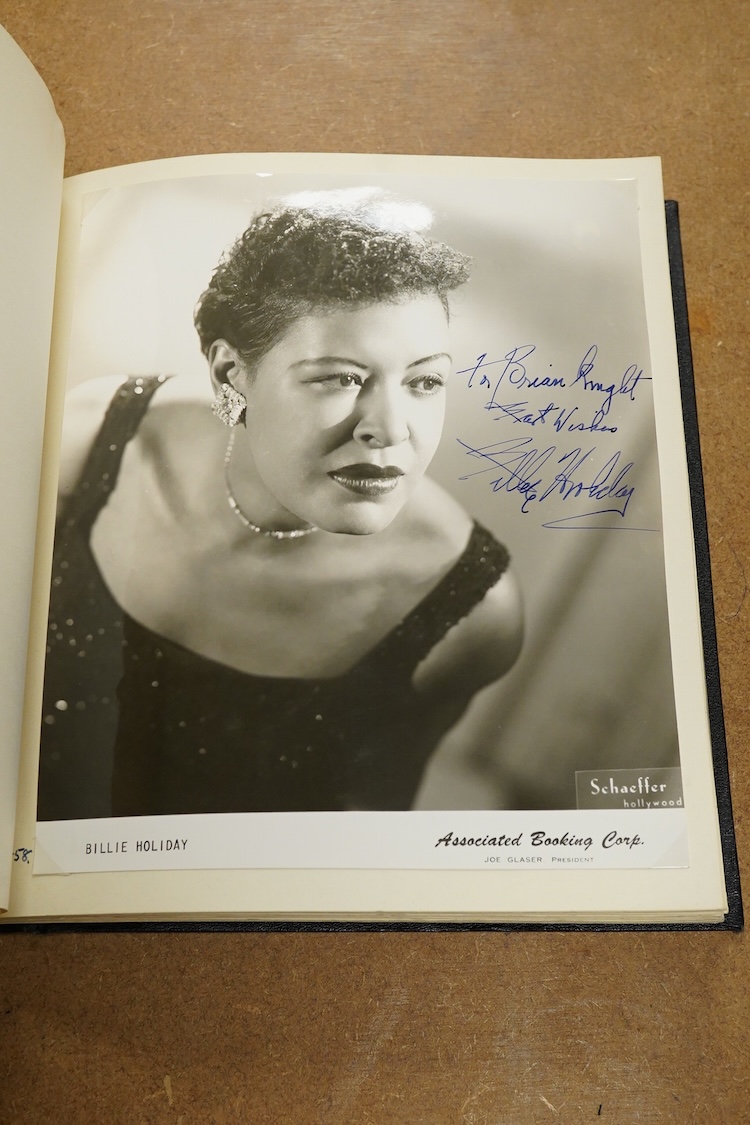 An album containing a wide selection of autographed publicity photographs of jazz and blues artists, including; Louis Armstrong, Chet Baker, Louis Bellson, Dave Brubeck, June Christy, Nat King Cole, Paul Desmond, Duke El